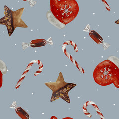 Watercolor Christmas seamless pattern. Christmas chocolate star, candy cane, mitten gingerbread cookies pattern.