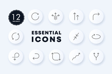 Arrows set icon. Control, circular, direction, up, down, left, right, swipe, scroll, growth, decline, download, upload. Technology concept. Neomorphism. Vector line icon for Business and Advertising