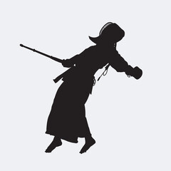 Japanese kendo martial arts wearing protective armor and use bamboo swords. Vector silhouette. On white background.