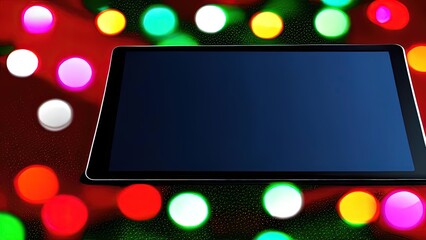 screen mockup tablet, christmas background, use modern gadget, browse apps, shop or chat online in social network, play game