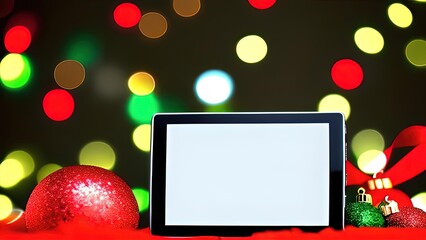 screen mockup tablet, christmas background, use modern gadget, browse apps, shop or chat online in social network, play game