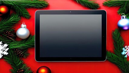 screen mockup tablet, christmas background, use modern gadget, browse apps, shop or chat online in social network, play game