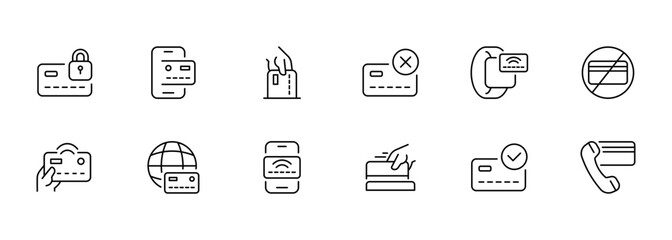 Banking card set icon. Payment failed, pin code, password, nfs, discount, cashback, protection, credit card, internet banking, terminal, ATM. Money transfer concept. Vector line icon for Business