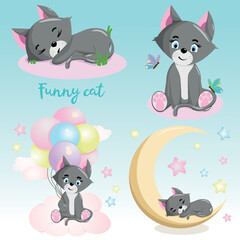 Cute cat set. Funny illustration of a sleeping kitty. Baby Hare