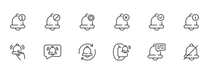 Ringing bell line icon. Reminder, notification, ring, doorbell, jingle, ringtone, message, call, alarm clock. Sound concept. Vector set black line icon on a white backdround