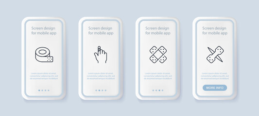 Fototapeta na wymiar Band aids set icon. Bruise, abrasion, wound, cut, finger, skein of adhesive plaster, time, clock, eco friendly, bandage, patch. Healthcare concept. UI phone app screens. Vector line icon