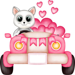 Valentine baby kitten with pink truck and heart.Watercolor Valentine’s Day illustration.Wedding invitations, Birthday cards,Greeting cards,Wall art.