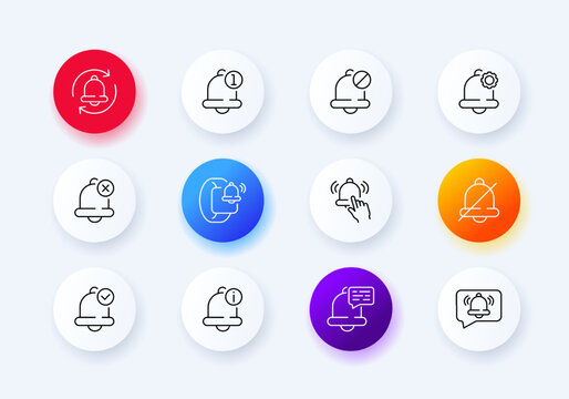 Notifications set icon. Bell, ring, ringtone, incoming, turn off, gear, cross, ick, information, sound, message, smart bracelet. Communication concept. Neomorphism style. Vector line icon