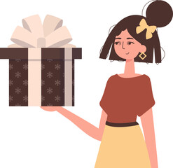 The girl is holding a gift. Modern character style.