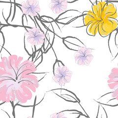 Pink Flowers Blooming Pattern. Pastel Watercolor.