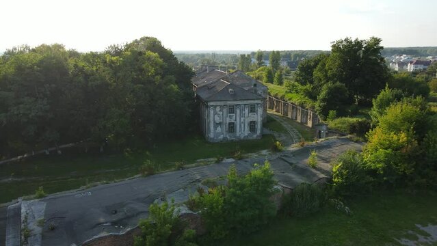 Aerial shot city Brody castle, Ukraine
