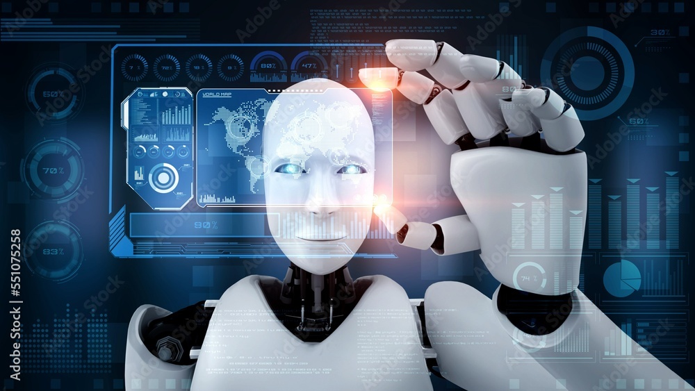 Aufkleber robot hominoid hold hud hologram screen in concept of ai thinking brain, artificial intelligence and