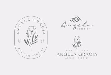 Hand Drawn Feminine Vector Signs or Logo Templates Set. Flower Illustration with Classy Typography.