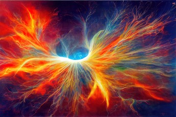 High-tech neural network and cell network, beautiful solar system, molecule, atom microcosm, oil painting style hand drawing