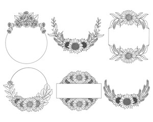 Flower wreath and floral frame clipart for wedding invitation elements