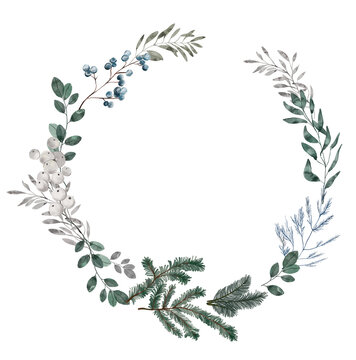 Watercolor winter Christmas wreath on the white isolated background. Winter bouquet.  