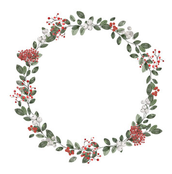 Winter Christmas watercolor wreath on the white isolated background. Holiday Greetings.  