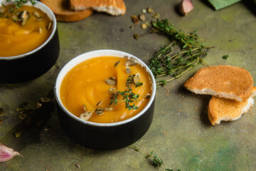 Pumpkin puree soup. Vegetable soup in a bowl