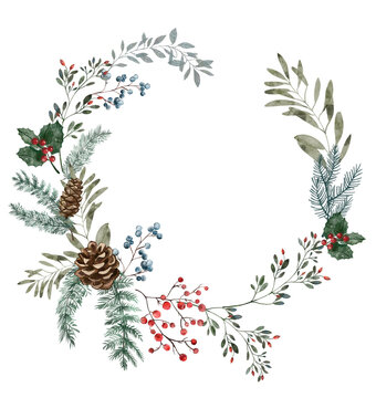 Watercolor Winter Christmas Wreath On The White Isolated Background. Winter Frame Bouquet.  