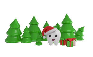 3d render of healthy and happy tooth with christmas gifts and tree with winter background. Dentist christmas concept. Happy Holidays