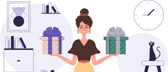 Christmas gift concept. A woman holds a gift in her hands.
