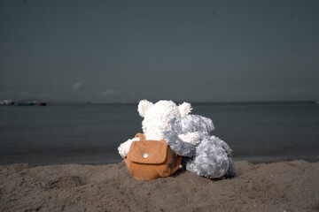 couple teddy bears sitting   on the beach at the evening sunset for created postcard  of...