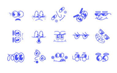 Set of cartoon comic faces with big eyes. Smiling characters in the style of the 50s with a halftone effect. Cheerful smiling and sad emoticons
