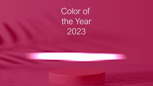 Viva Magenta - color of the year 2023. Trendy color sample. Toned video with announcement text. Beautiful magenta animation with water and palm shadow. Fashion, style. 3D animation.