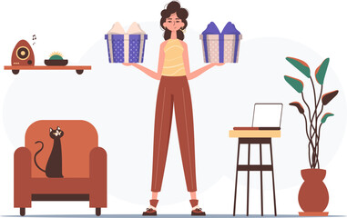 Gift concept for christmas or new year. A woman holds a gift box in her hands.