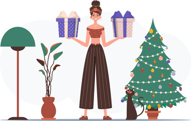 Gift concept for christmas or new year. A young woman is holding a gift.
