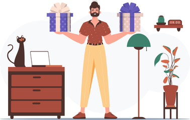 Gift concept for christmas or new year. The guy is holding a gift box.