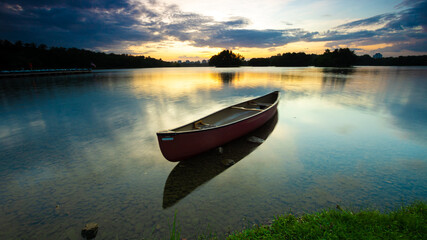 Blue hour view of the Dam scenery during sunrise at putrajaya lake.