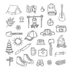 Camping. Set of elements for camping, travel and tourism. Big set of tourist equipment vector illustrations. Doodle. Hand drawn. Outline.
