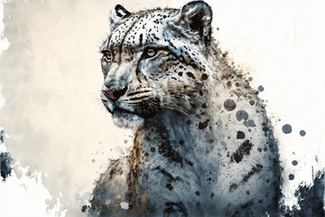 Ink painting of snow leopard portrait - obrazy, fototapety, plakaty