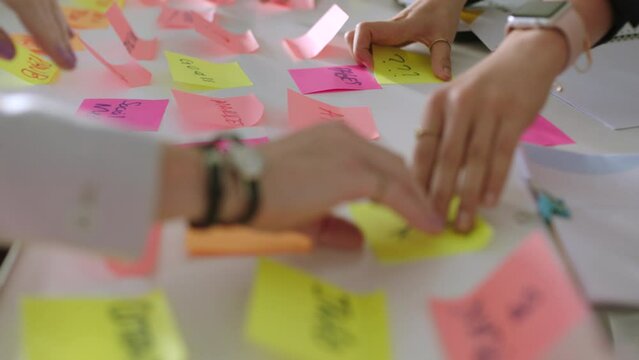 Hands, sticky notes or team brainstorming for marketing strategy or social media. Teamwork, post it or coworkers writing, online campaign or planning for data analysis, creative idea or team building