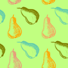 Color pears seamless pattern for fabric design. Green pear textile ornament. Fruit background for Vegan banner, label juice. Red pear drawings for jam packaging. Hand drawn wallpaper texture.
