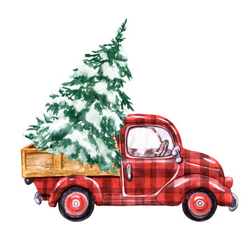 Hand-painted red plaid truck and holiday fir tree with snow on branches. Watercolor winter illustration. Vintage car in cartoon style