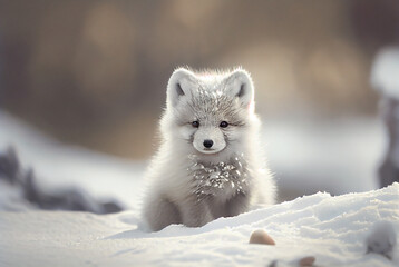 Obraz na płótnie Canvas Baby Arctic fox (Vulpes Lagopus) in snow habitat, winter landscape, Generative AI