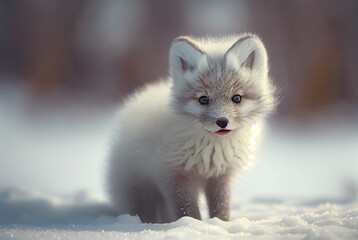 Baby Arctic fox (Vulpes Lagopus) in snow habitat, winter landscape, Generative AI