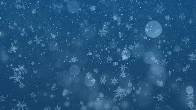 4k background. White confetti snowflakes and bokeh lights on the blue background loop. Holiday, winter, New Year, snowflake, New year Wallpaper, Merry Christmas, Holiday, winter.