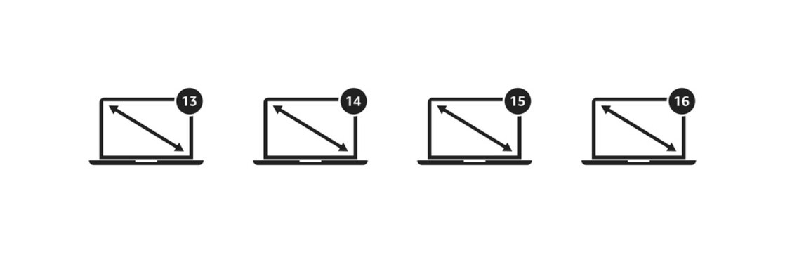 Laptop icon set with diagonal screen size. 13, 14, 15, 16 inch. Vector EPS 10