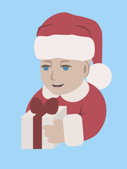 Smiling happy infant baby in red Christmas cape with present in his hands. Simple abstract isolated vector illustration.