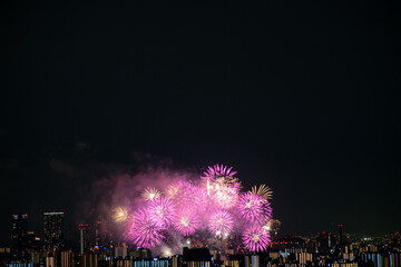 View of fireworks during a summer festival with a clear sky night (Toyonaka, Osaka, Japan) (20221203-008)