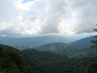 Naklejka premium Cloud and fog cover mountain, Mist in valley with green forest and rock at Pua District, Nan Province, Thailand