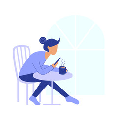 Woman drinking coffee and checking mobile phone in a cafe vector. Female character drinking tea and checking cell phone in coffee shop next to window