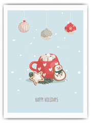 Christmas and Happy New Year greeting card with hand drawn decorative elements, mug marshmallow and gingerbread. Trendy vintage style.