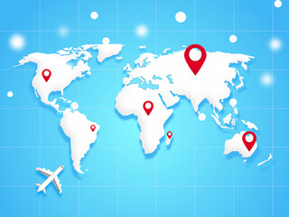 Travel concept. Minimal world map, trace lines flying plane and pin location with snow drop. Illustration 3D for content world map, winter travel, happy season, first snow, new year 