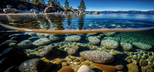 Lake Tahoe east shore beach, calm turquoise water in sunny day. Split view above and below water surface - obrazy, fototapety, plakaty