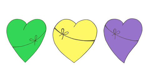 set of three watercolor bright juicy holiday hearts. Green, yellow and lilac heart for valentine, holiday, card and invitation with cheerful mood