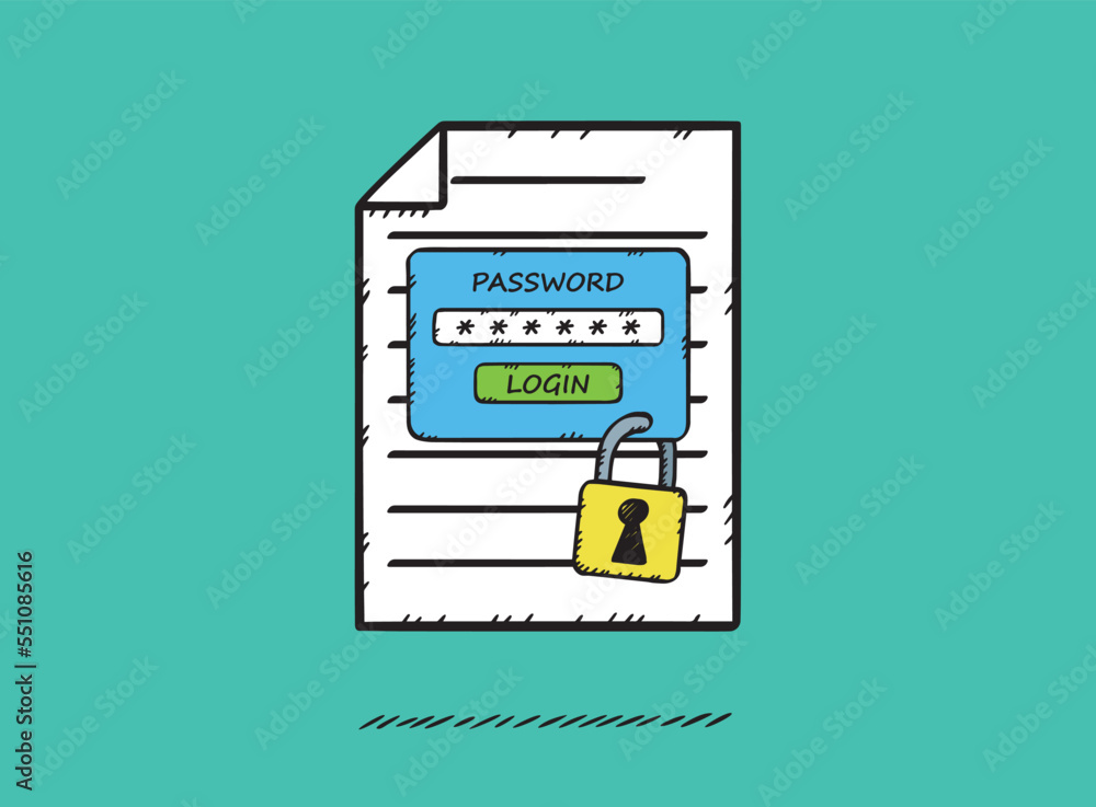Poster a hand-drawn illustration of a document with locked access. the document is protected by the passwor